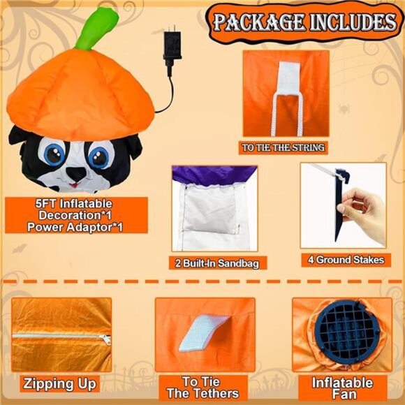 5 FT Halloween Inflatables Animated Dog On Pumpkin Outdoor Decorations Blow Up - Picture 5 of 7